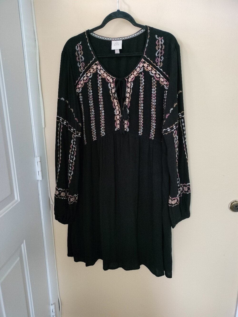Knox Rose Black Embroidered Dress Tassel Tie XXL Flowy Boho Southwestern